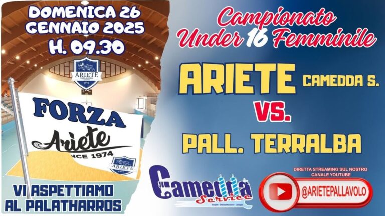 𝐂𝐚𝐦𝐩𝐢𝐨𝐧𝐚𝐭𝐨 𝐔𝐧𝐝𝐞𝐫 𝟏6 𝐅𝐞𝐦𝐦𝐢𝐧𝐢𝐥𝐞 Ariete – Terralba 📆 Domenica 26 Gennaio 2025 ore 09.30